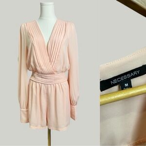 NECESSARY Romper Women Size Medium Pink Blush Pleated Long Cuffed Sleeves Smock
